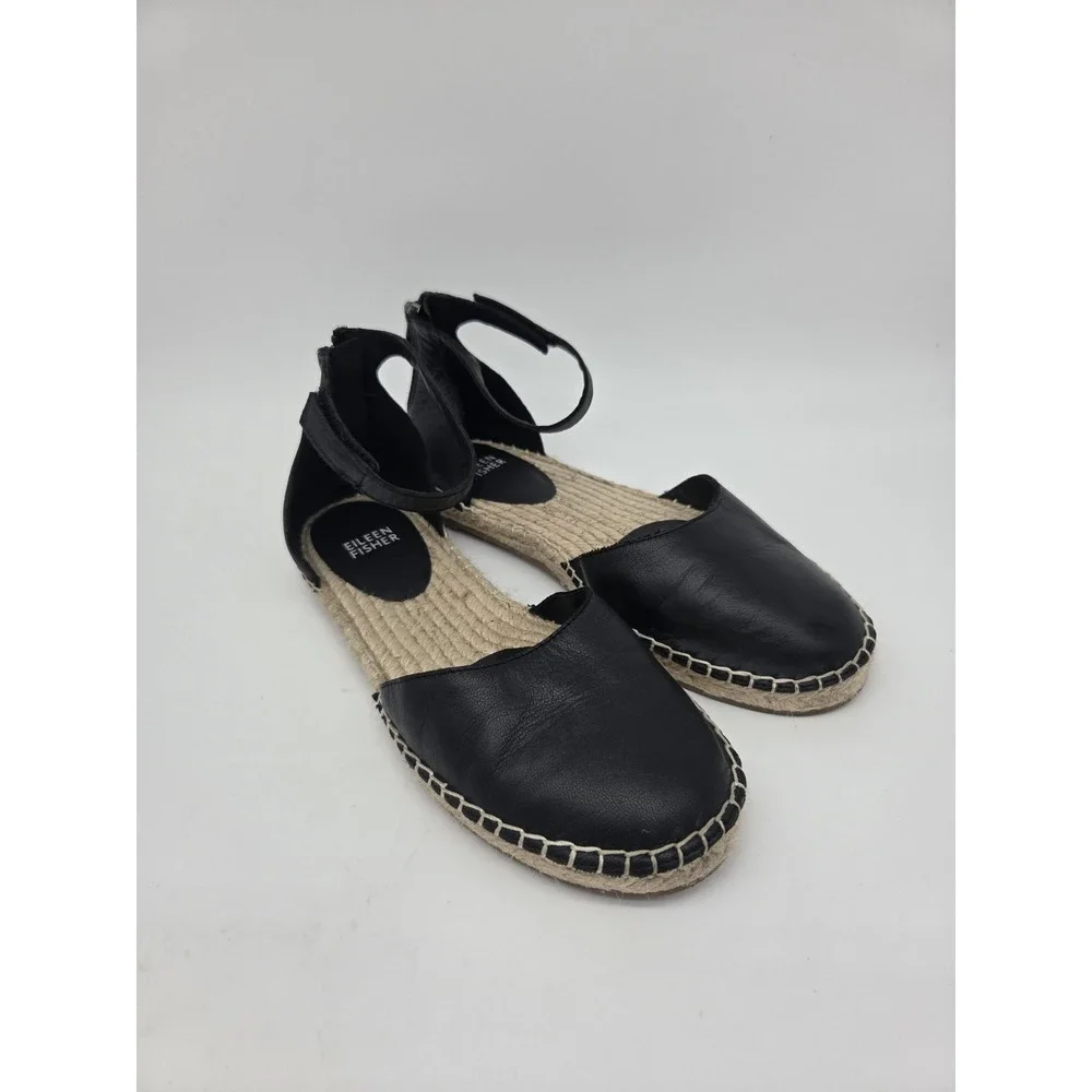 Eileen Fisher Black Lala Fisherman Sandal Ankle Strap Leather Black Sandal 7.5